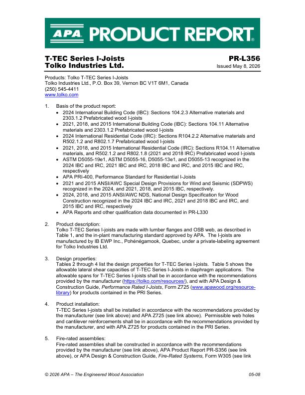 Product Report
PR-L356: Tolko Industries Ltd. - Tolko T-TEC Series I-Joists. Issued May 8, 2026.