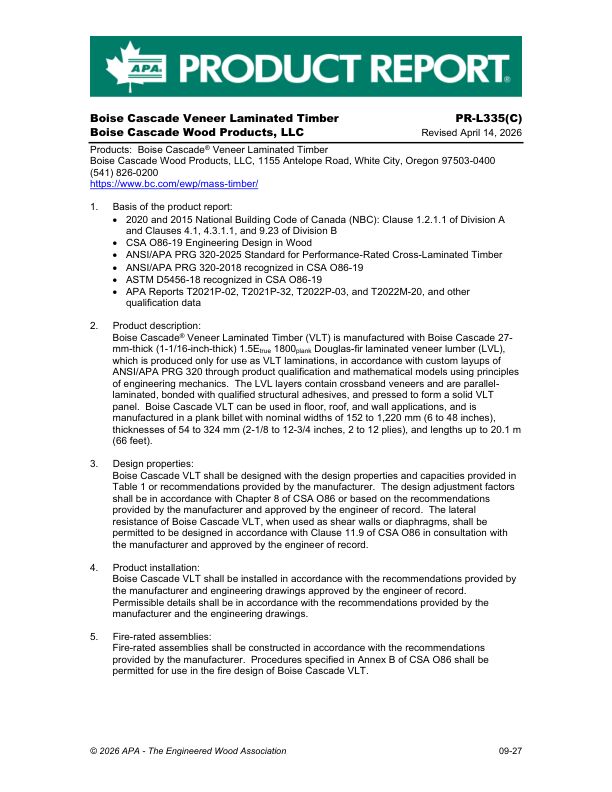 Product Report
PR-L335C: Boise Cascade Wood Products, LLC - Boise Cascade VersaWorks® Veneer Laminated Timber. Revised April 14, 2026.