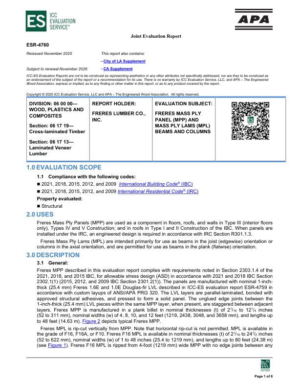 Joint Evaluation Report
ESR-4760: Freres Lumber Co., Inc. - Freres Mass Ply Panel (MPP) and Mass Ply Lams (MPL) beams and columns. Revised November 2025.