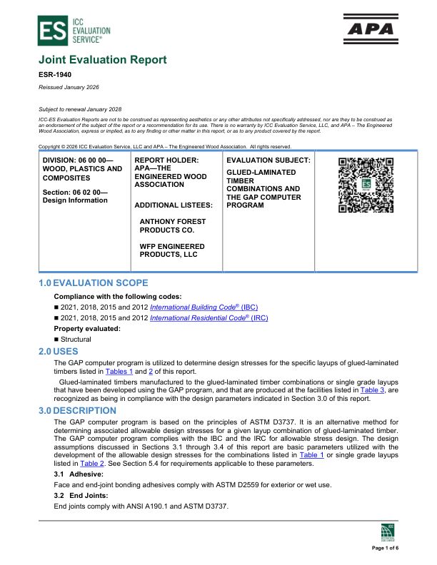 Joint Evaluation Report
ESR-1940: APA – The Engineered Wood Association -
Glued-Laminated Timber Combinations and the GAP Computer Program. Revised January 2026.