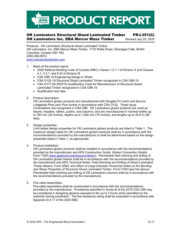 Product Report
PR-L351C: OK Laminators Structural Glued - OK Laminators Structural Glued Laminated Timber. Issued July 25, 2025.