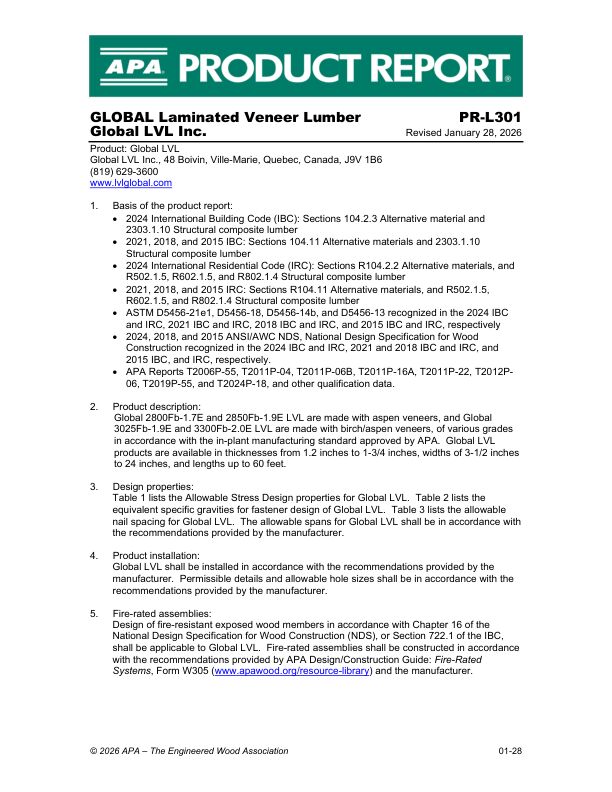 Product Report PR-L301: Global LVL Inc. - LVL. Revised January 28, 2025.