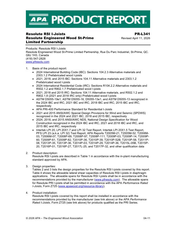 Product Report PR-L341: Resolute Engineered Wood St-Prime Limited Partnership - Resolute RSI I-Joists. Revised April 11, 2026.