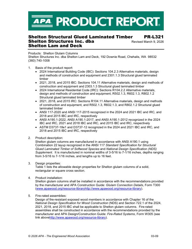 Product Report PR-L321: Shelton Structures Inc. - Glulam. March 9, 2026.
