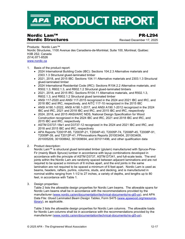 Product Report PR-L294: 
Nordic Structures - Nordic Lam.
December 17, 2025.