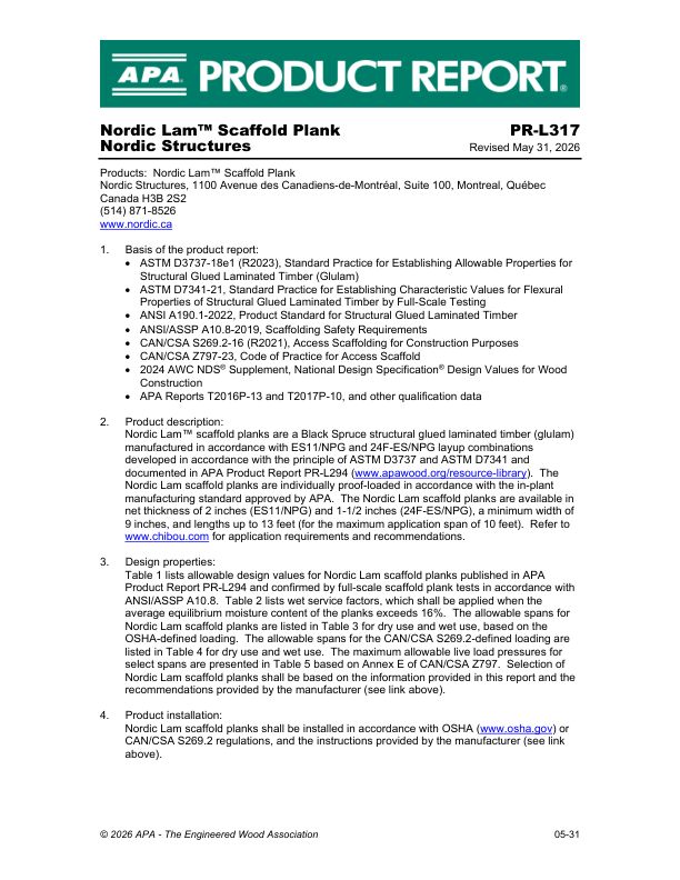 Product Report
PR-L317: Nordic Structures - 
Nordic Lam™ Scaffold Plank. Revised May 31, 2026.