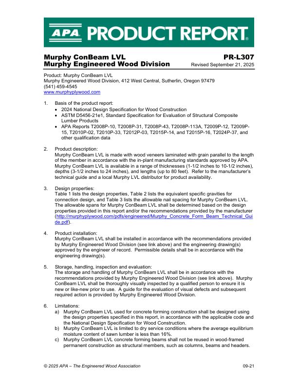 Product Report
PR-L307
Murphy Engineered Wood Division
LVL
September 21, 2025