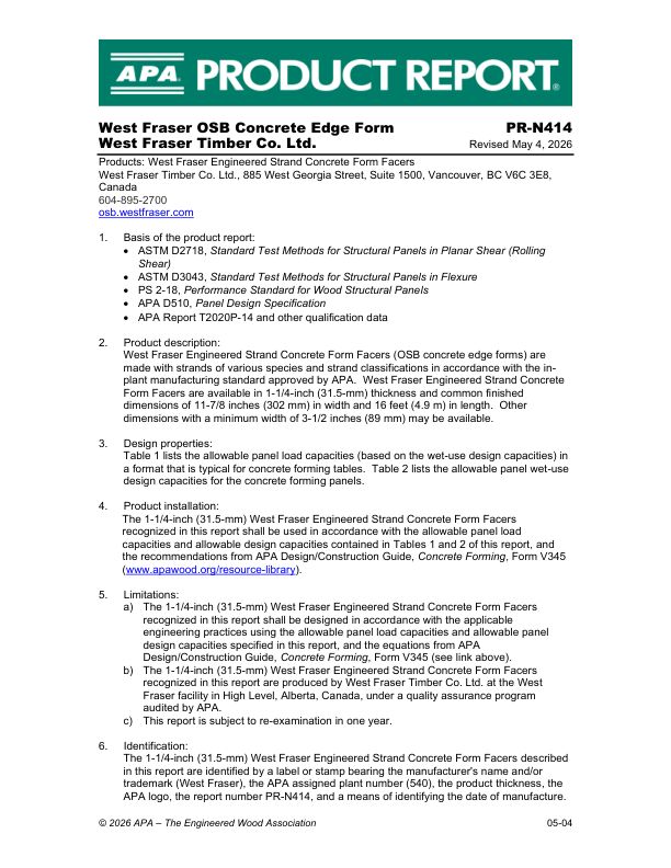 Product Report PR-N414: 
West Fraser Timber Co Ltd. -
OSB. May 4, 2026.
