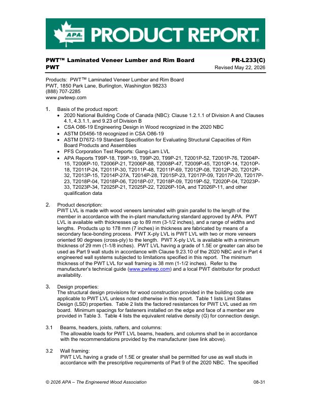 Product Report PR-L233(C): PWT - PWT Laminated Veneer Lumber and Rim Board. Revised August 31, 2025.