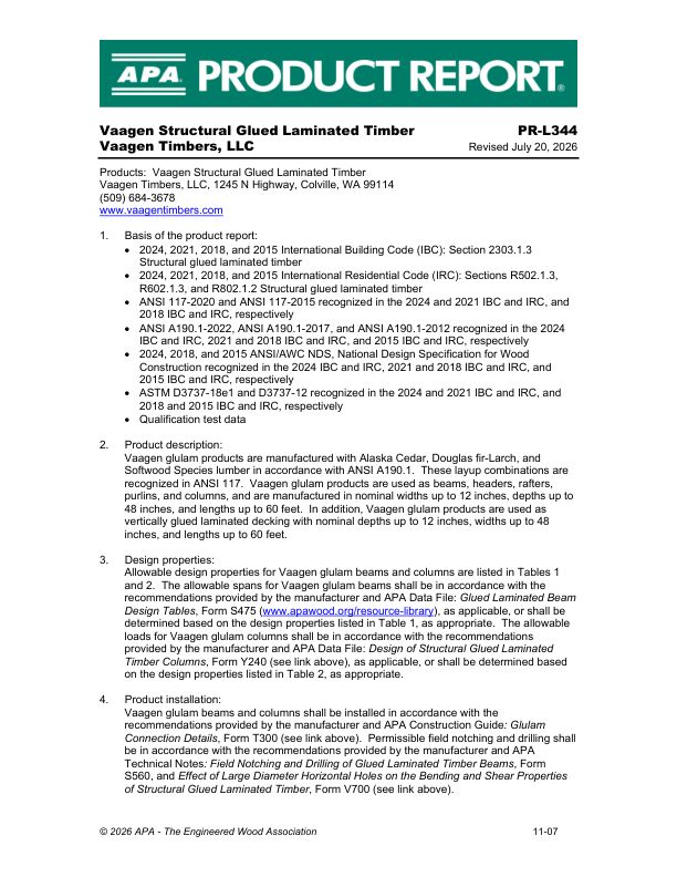 Product Report
PR-L344: Vaagen Timbers, LLC -
Vaagen Structural Glued Laminated Timber. Revised November 7, 2025.