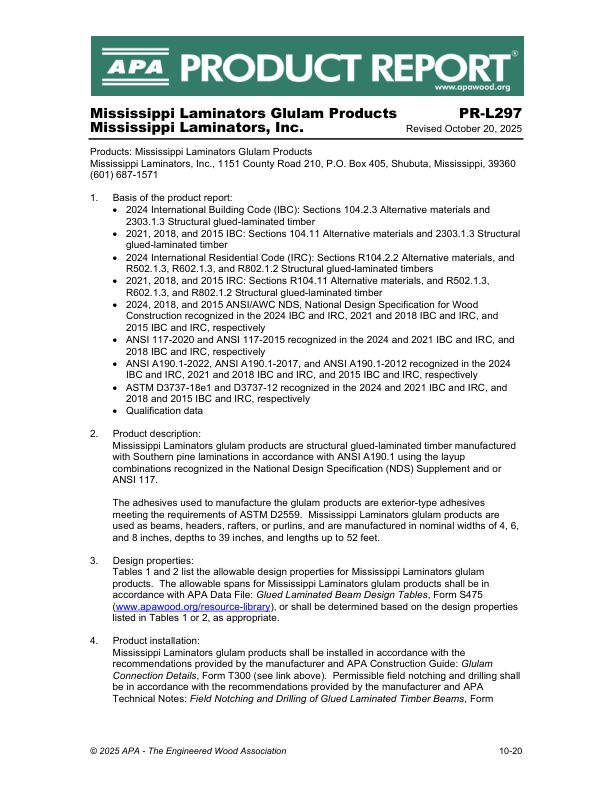 Product Report PR-L297:
Mississippi Laminators Inc. -
Glulam. October 20, 2025.