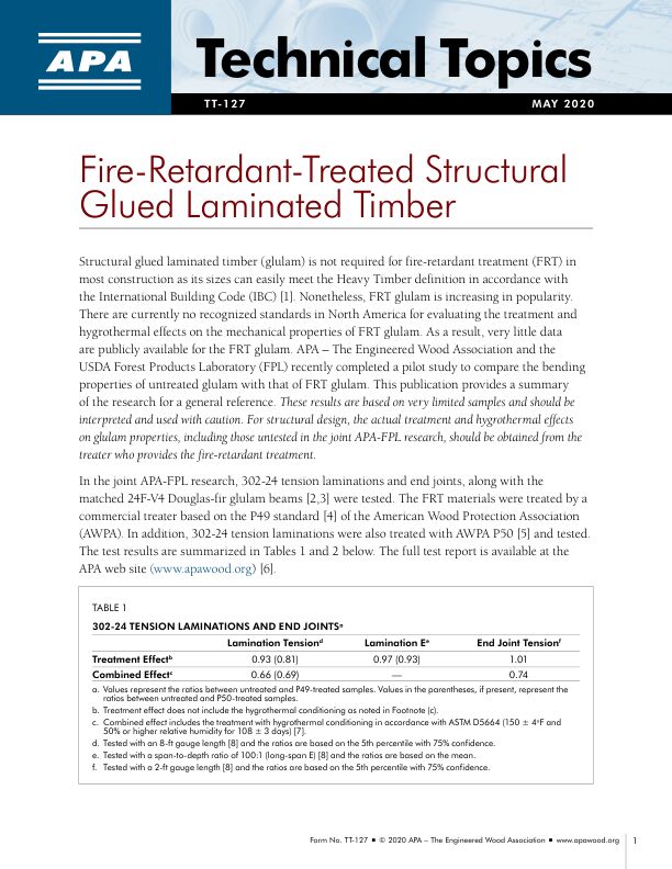 Technical Topics: Fire-Retardant-Treated Structural Glued Laminated Timber (TT-127)

Summary of results of an APA/FPL pilot test program examining structural properties of FRT glulam.

Issued May 2020