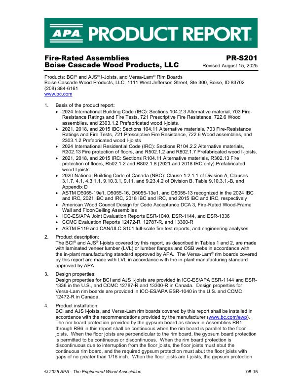 Product Report
PR-S201: Boise Cascade Wood Products, LLC - BCI® and AJS® I-Joists, and VERSA-LAM® Rim Boards. Revised August 15, 2025.