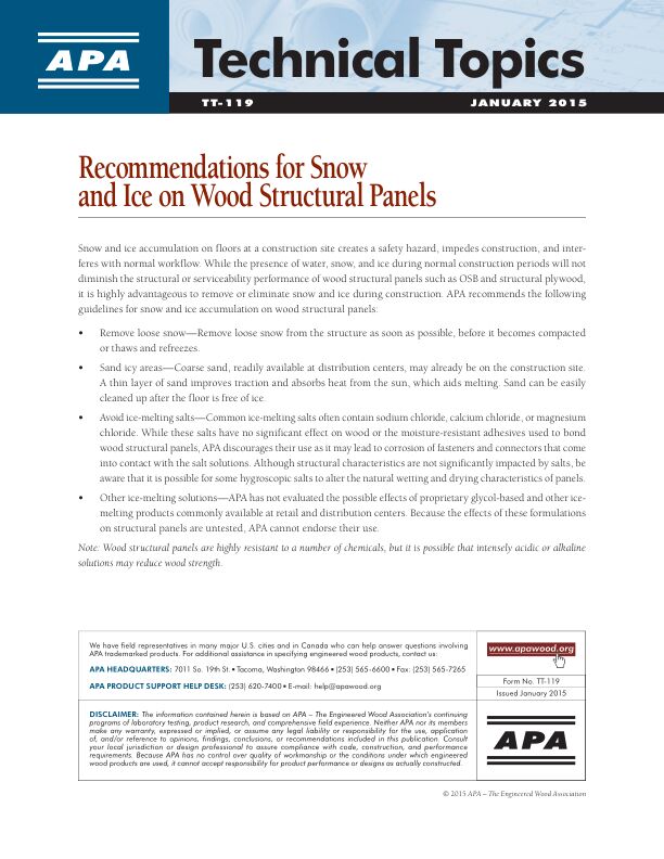 Technical Topics: Recommendations for Snow and Ice on Wood Structural Panels (TT-119)

APA recommended guidelines for snow and ice accumulation on wood structural panels.

Issued January 2025