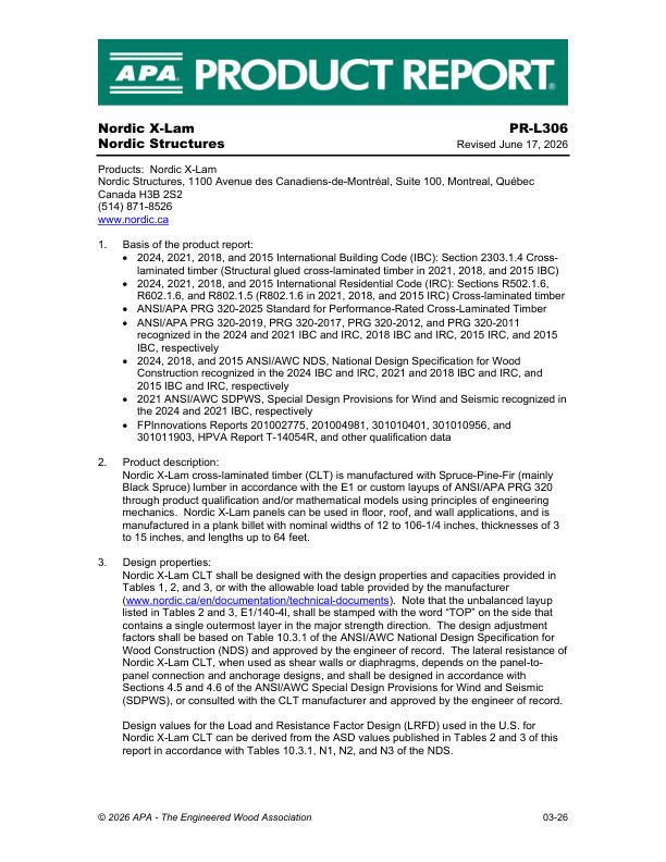Product Report APA-PR-L306:
Nordic Structures - X-Lam. March 26, 2026.