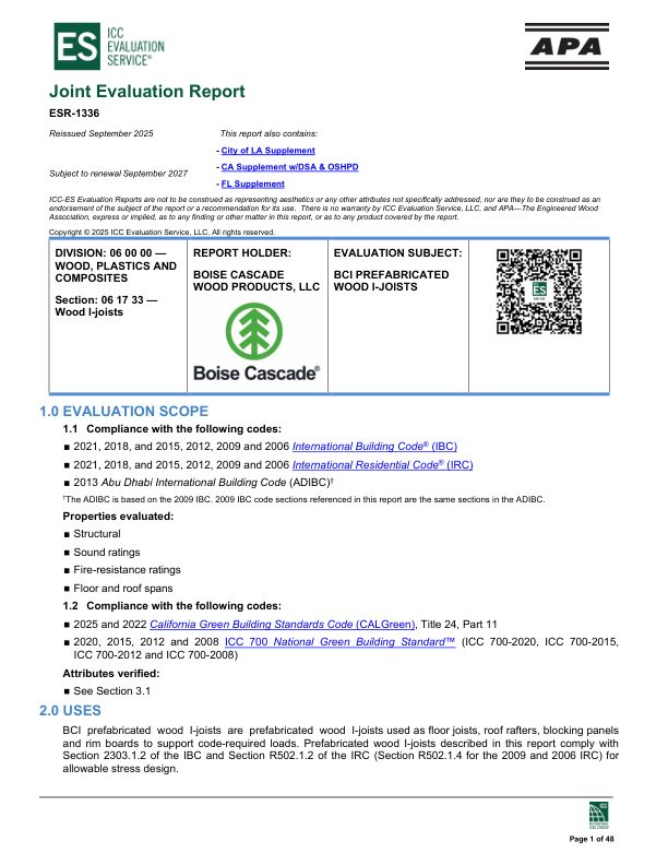 Joint Evaluation Report
ESR-1336: Boise Cascade Wood Products, LLC - BCI Prefabricated Wood I-Joists. Revised September 2025.