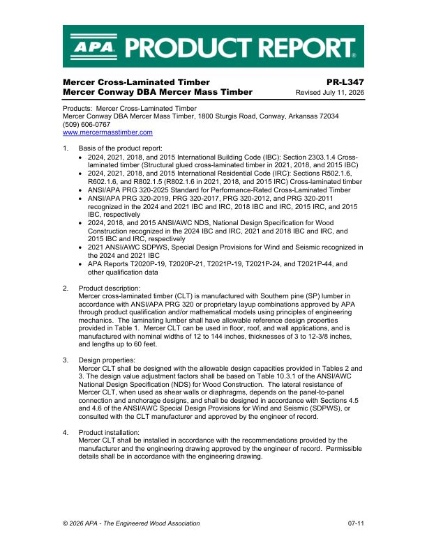 Product Report
PR-L347: Mercer Conway DBA Mercer Mass Timber - Mercer CrossLam Cross-Laminated Timber. Revised July 11, 2025.