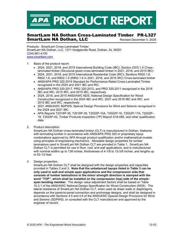 Product Report PR-L327: SmartLam NA Dothan, LLC - SmartLam Cross-Laminated Timber. Revised December 3, 2025.
