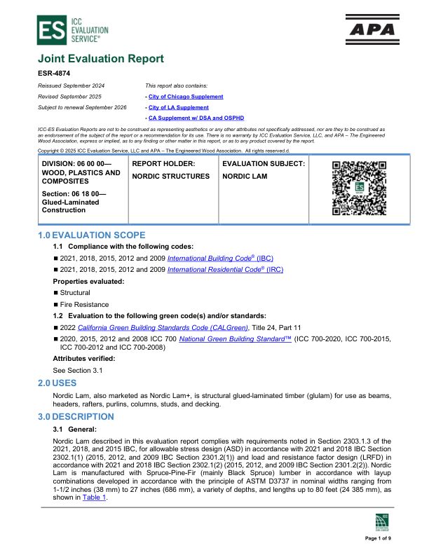 Joint Evaluation Report
ESR-4874: Nordic Structures - Nordic Lam. Revised November 2025.