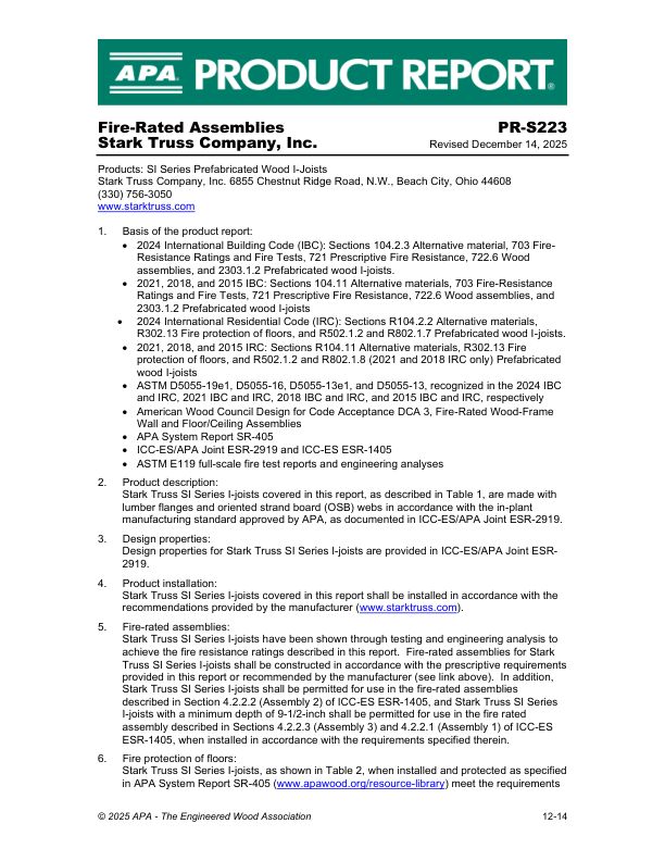 Product Report
PR-S223
Stark Truss Company, Inc.
SI Series Prefabricated Wood I-Joists

Revised December 14, 2025