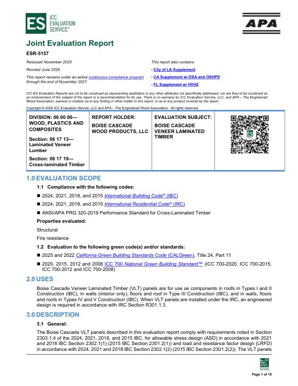 Joint Evaluation Report
ESR-5157: Boise Cascade Wood Products, LLC - Boise Cascade VersaWorks® Veneer Laminated Timber. Revised June 2026.
