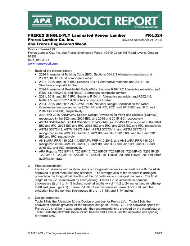 Product Report
PR-L324: Freres Lumber Co., Inc. - 
Freres LVL, Revised September 21, 2025.
