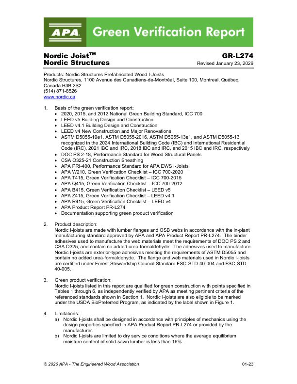 Green Verification Report
GR-L274: Nordic Structures - Nordic Structures Prefabricated Wood I-Joists, Revised January 23, 2025.