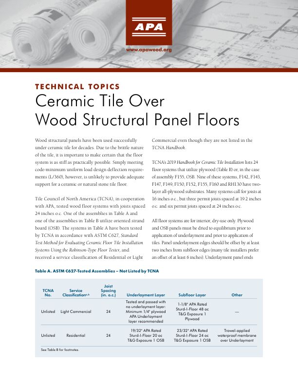 Technical Topics: Ceramic Tile Over Wood Structural Panel Floors (TT-006)

Tile Council of North American (TCNA) specifications for WSP floor systems used under ceramic tile, tested in accordance with ASTM C627. Revised July 2019.