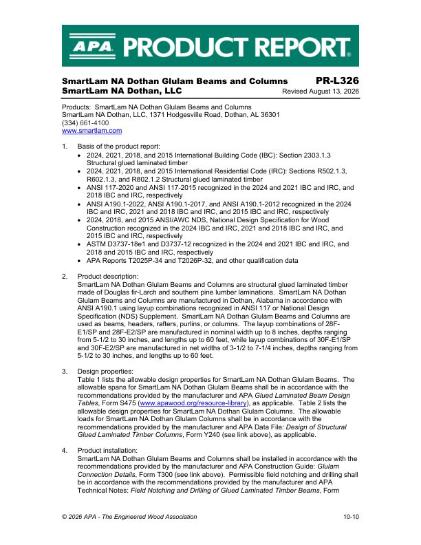 Product Report PR-L326:
SmartLam NA Dothan -
SmartLam NA Dothan Glulam Beams and Columns. Revised January 29, 2026.