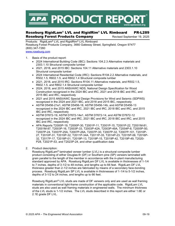 Product Report PR-L289: 
Roseburg Forest Products Company - LVL Rimboard. September 19, 2025.