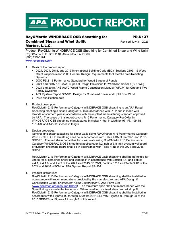 Product Report PR-N137: RoyOMartin - RoyOMartin WINDBRACE OSB Sheathing for Combined Shear and Wind Uplift. Revised July 31, 2025.