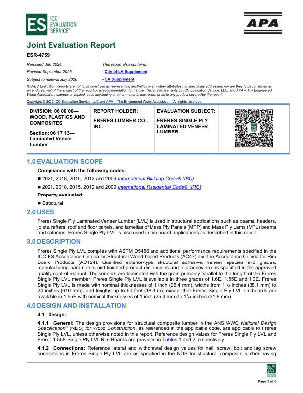 Joint Evaluation Report
ESR-4759: Freres Lumber Co., Inc -Freres Single Ply Structural Composite Lumber. Revised September 2025.