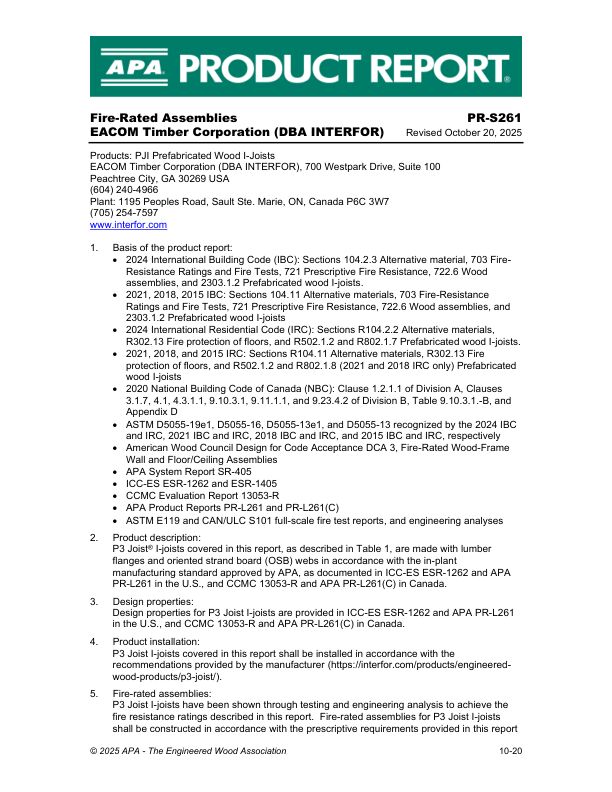 Product Report PR-S261: EACOM Timber -Corporation (DBA INTERFOR) - PJI Prefabricated Wood I-Joists. October 20, 2025.