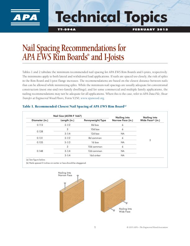 Technical Topics: Nail Spacing Recommendations for APA EWS Rim Boards® and I-Joists (TT-094)

Technical Topics: Nail Spacing Recommendations for APA EWS Rim Boards and I-Joists.


Revised February 2015