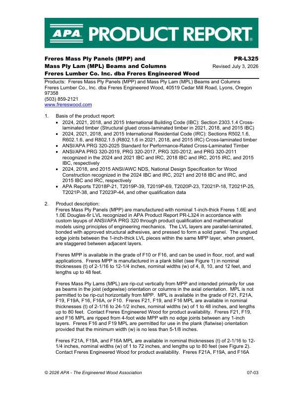 Product Report
APA-PR-L325
Freres Lumber Co. Inc.
Mass Ply Pannels and Mass Ply Lam
July 3, 2025