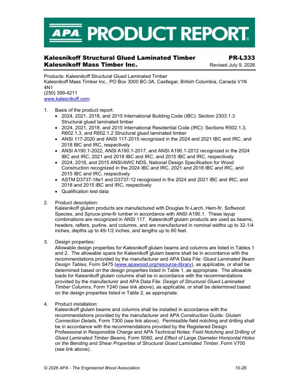 Product Report PR-L333:
Kalesnikoff Mass Timber Inc. -
Glulam. October 28, 2025.
