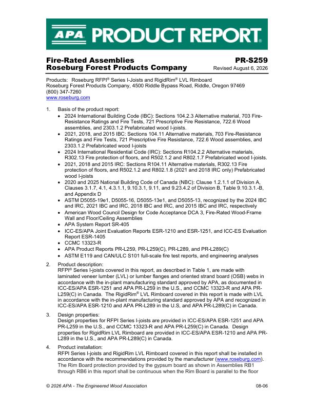 Product Report
PR-S259: Roseburg Forest Products Company - Roseburg RFPI® Series I-Joists and RigidRim® LVL Rimboard. Revised August 6, 2025.