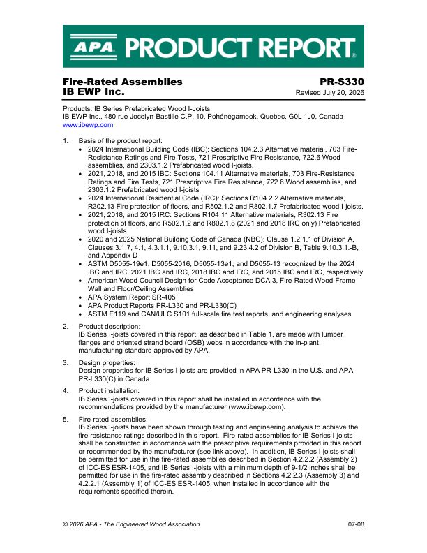 Product Report PR-S330: IB EWP Inc. - IB Series Prefabricated Wood I-Joists. Revised July 8, 2025.