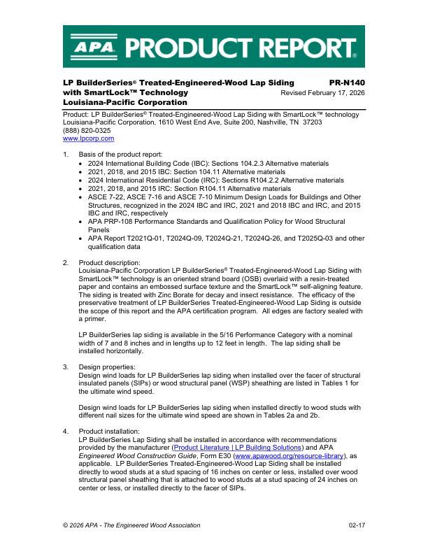 Product Report PR-N140: Louisiana-Pacific Corporation
LP BuilderSeries® Treated-Engineered-Wood Lap Siding.
February 17, 2026.