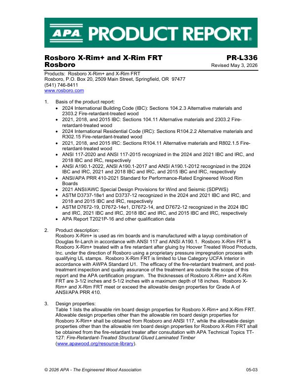 Product Report
PR-L336: Rosboro -  Rosboro X-Rim+ and X-Rim FRT. Revised May 3, 2026.