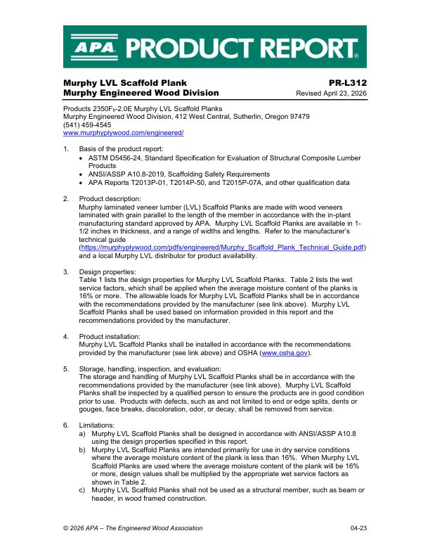 Product Report
PR-L312: Murphy Engineered Wood Division - 2650Fb-2.2E and 2350Fb-2.0E, Murphy LVL Scaffold Planks. Revised April 23, 2026.