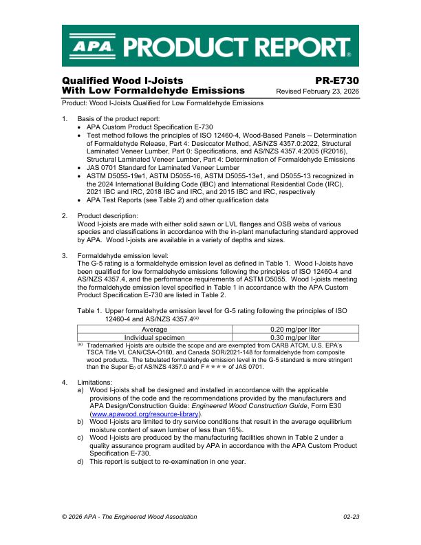 Product Report: PR-E730 -Qualified wood i-joists with low formaldehyde emissions. Revised February 23, 2026.