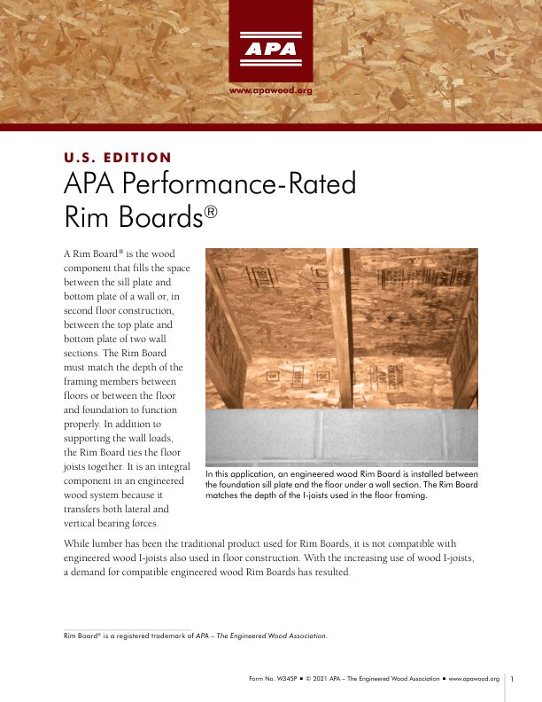 Data Files: APA Performance-Rated Rim Boards (W345)

Includes connection requirements and application notes for APA Performance Rated Rim Boards. Revised November 2021.