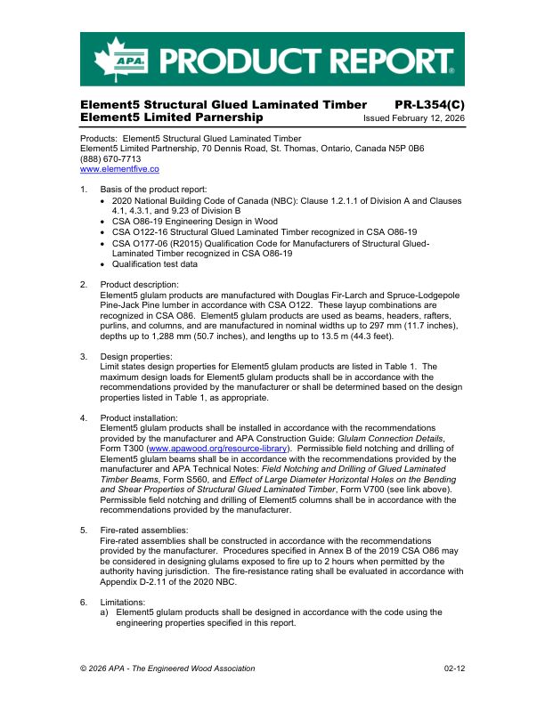 Product Report PR-L354(C): Element5 Limited Partnership - Element5 Structural Glued Laminated Timber. Revised February 12, 2026.