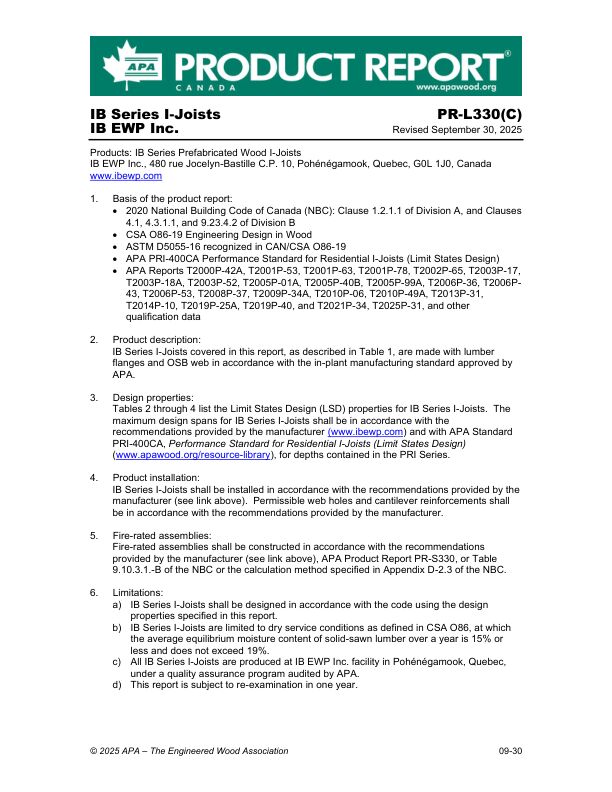 Product Report PR-L330(C):
IB EWP Inc. - I-Joists.
September 30, 2025.