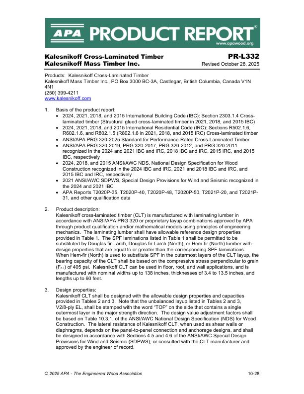 Product Report APA-PR-L332: Kalesnikoff Mass Timber Inc.
CLT. October 28, 2025.