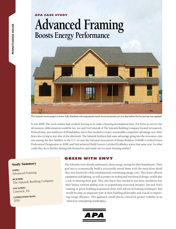 Case Study: Advanced Framing Boosts Energy Performance - House in Limerick, Pennsylvania (T110)

Pennsylvania builders looking to stand out in a tough market gained a competitive advantage by adopting advanced framing techniques that deliver lasting energy savings to customers. Issued January 2018.