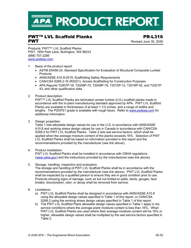 Product Report
PR-L316: PWT - PWT™ LVL Scaffold Planks. Revised June 30, 2025.