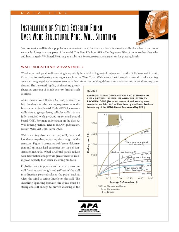 Data File:  Installation of Stucco Exterior Finish Over Structural Wood Panel Wall Sheathing (Q370)

Describes recommended wall construction methods for the installation of stucco exterior finish over structural wood panel wall sheathing. Revised September 2006.
