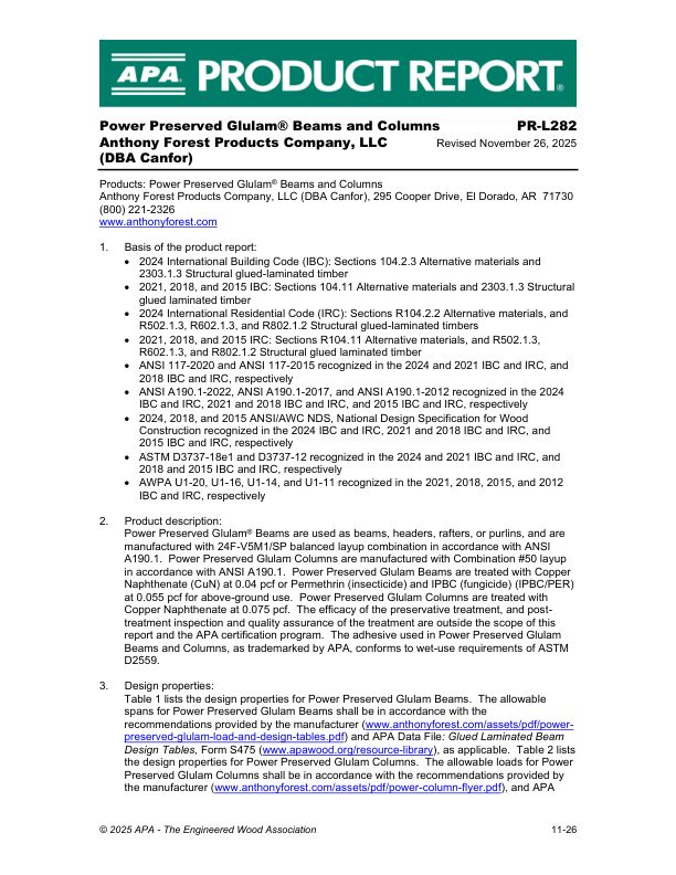 Product Report PR-L282
Anthony Forest Products Company LLC - Glulam Beams and Columns. November 26, 2025.